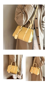 Vues détaillées du grand sac cabas vintage en cuir jaune avec grain litchi et bandoulière