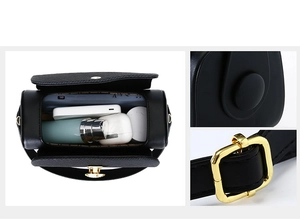 Interior storage capacity and close-up of gold buckle on a black leather handbag