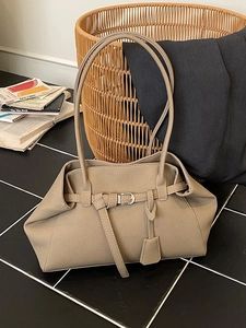 Chic khaki large capacity leather tote bag with decorative straps and silver buckles