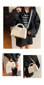 Three views of faux snake skin square crossbody bag with gold hardware and top handle