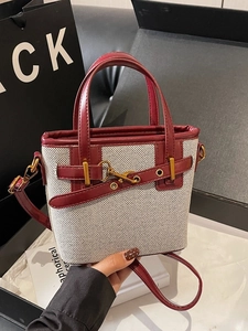 Vintage Women PU Leather Bucket Bag Stylish Commuter Shoulder Crossbody Handbag With Belt Buckle Contrast Color Tote Purse
