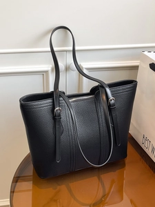 Classic black litchi pattern leather tote bag with double shoulder straps and zipper