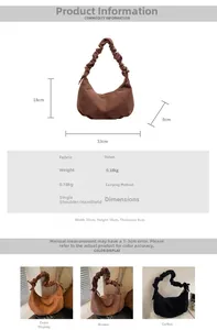 Infographic showing dimensions and material details of the velvet crescent shoulder bag