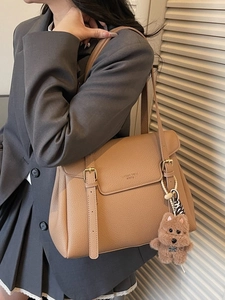 Women Litchi Pattern PU Leather Underarm Bag Fashion Commute Shoulder Bag With Teddy Bear Pendant Flip Cover Simple Tote Bag