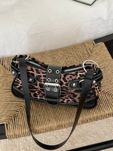 Retro leopard print shoulder bag with silver rivet studs and black faux leather trim