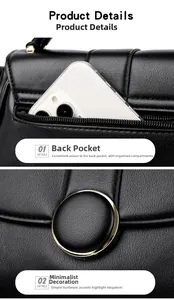 Dettaglio borsa in pelle nera con tasca posteriore a zip e fibbia rotonda in metallo