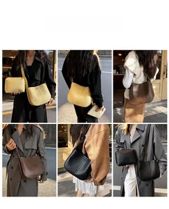 Outdoor street style photos showing versatile pebbled leather crossbody bucket bag in three colors
