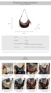 Detailed view of PU leather crescent bag with adjustable strap and size specifications