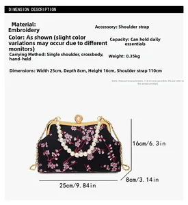 Detail showing dimensions of black shell bag with pink flower embroidery and pearl handle