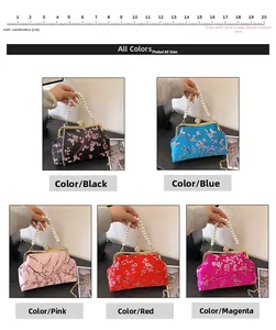 Detail of silk floral handbags in various colors with pearl handles and metal chain straps