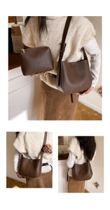 Detailed close-up of dark brown lychee pattern leather tote bag with matching pouch