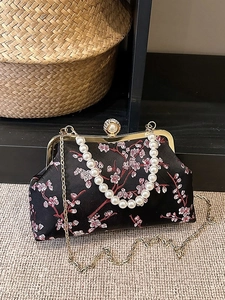 Vintage Chinese Style Floral Embroidery Satin Handbag With Artificial Pearl Handle And Metal Chain Strap Women Evening Crossbody Bag