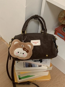 Vintage PU Leather Boston Bag For Women Classic Solid Color Crossbody Bag With Plush Bear Charm Retro Shoulder Bag