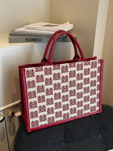 Women Chinese Retro Wedding Red Tote Bag Jacquard Xi Pattern Handbag PU Leather Stitched Large Bridal Handheld Shoulder Bag