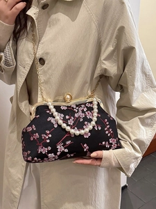 Vintage black silk handbag with pink plum blossom embroidery and pearl handle strap