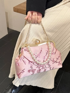 Pink vintage satin handbag with cherry blossom embroidery and pearl handle strap