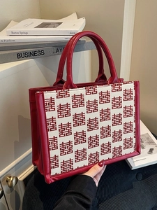 Red and white wedding tote bag with traditional Xi pattern and leather handles