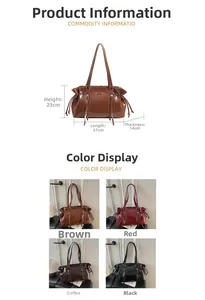 Detail view of the suede baguette bag showing dimensions 37x23x14cm and four color options