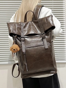 Brown vintage faux leather backpack with large capacity and teddy bear pendant for school