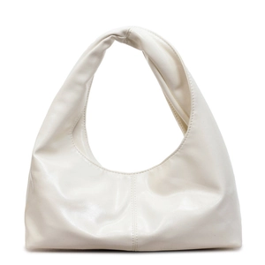 Chic off-white dumpling crescent bag with soft faux leather and knotted handle design