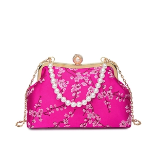 Vintage Chinese style rose red satin handbag with cherry blossom embroidery and pearls