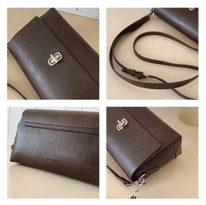 Detailed views of dark coffee faux leather crossbody bag with silver hardware and logo