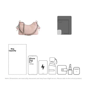 Detail showing capacity of the pink oil wax leather bag with chain for 6.7 inch smartphone
