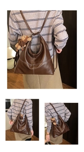 Detailed views of a dark brown vintage hobo bag featuring white contrast stitching and bear charm