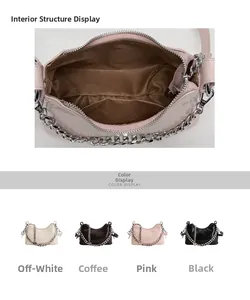 Detail of inner compartment and color options in beige, coffee, pink, and black
