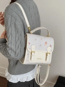 Women College Style Cute Cartoon Cat Bear Print PU Leather Tote Bag Fashion Student Backpack Dual Use Handbag