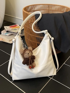 Women PU Leather Tote Bag Large Capacity Minimalist Contrast Stitching Hobo Shoulder Bag With Bear Pendant Korean Fashion