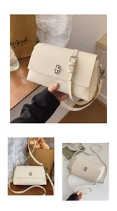 Detail of cream crossbody bag featuring silver twist-lock and premium faux leather texture