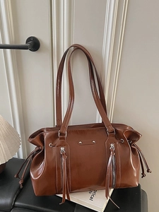 Retro brown suede underarm bag with double zipper and drawstring for daily commuting