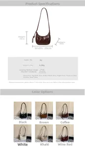 Detailed size specifications and color options for the retro PU crescent shoulder bag