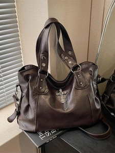 Retro dark brown tote bag in oil-wax PU leather with a silver cross pendant and strap