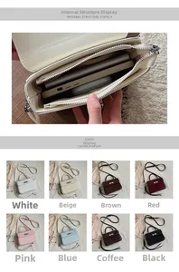 Detail view of the multi-compartment interior and eight available colors for the handbag