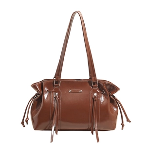 Vintage dark brown oil wax leather tote bag with drawstring and dual front zippers