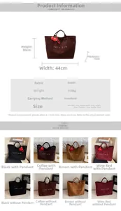 Size chart showing large tote bag dimensions and available colors in faux suede material