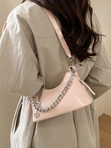 Women Retro Oil Wax PU Leather Underarm Bag Fashion Silver Chain Small Square Crossbody Bag With Heart Pendant Shoulder Bag