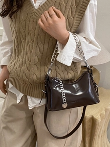 Vintage chocolate oil wax leather crossbody bag with silver chain for women