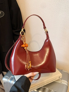 Women Casual Glossy PU Leather Hobo Bag Elegant Underarm Crossbody Bag With Tassel Charm Solid Color Shoulder Bag