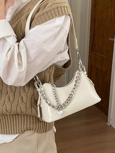 Fashionable cream off-white underarm bag with silver chain and heart pendant for women