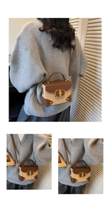 Detail of vintage square crossbody bag featuring brown leather and beige fabric texture