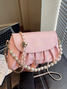 Women Pleated Cloud Bag Vintage PU Leather Crossbody Bag With Artificial Pearl Strap Metal Chain Shoulder Handbag Underarm Small Square Bag