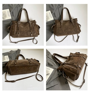Multi-angle views of large brown suede tote bag with decorative buckles and zippers