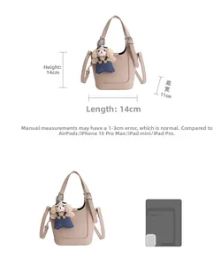 Size guide for beige bucket bag showing 14x14x11cm dimensions and device scale comparison