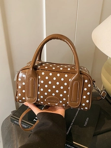 Brown polka dot Boston handbag with double handles and detachable leather shoulder strap