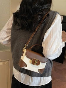 Retro two-tone crossbody box bag in cream and brown with golden twist lock and top handle