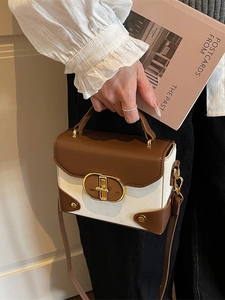 Vintage retro brown and cream box bag with gold twist lock and top handle