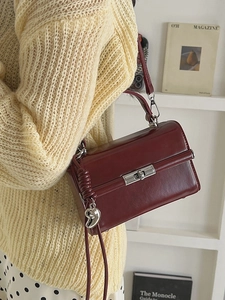 Burgundy faux leather square handbag with silver heart charm and turn-lock closure